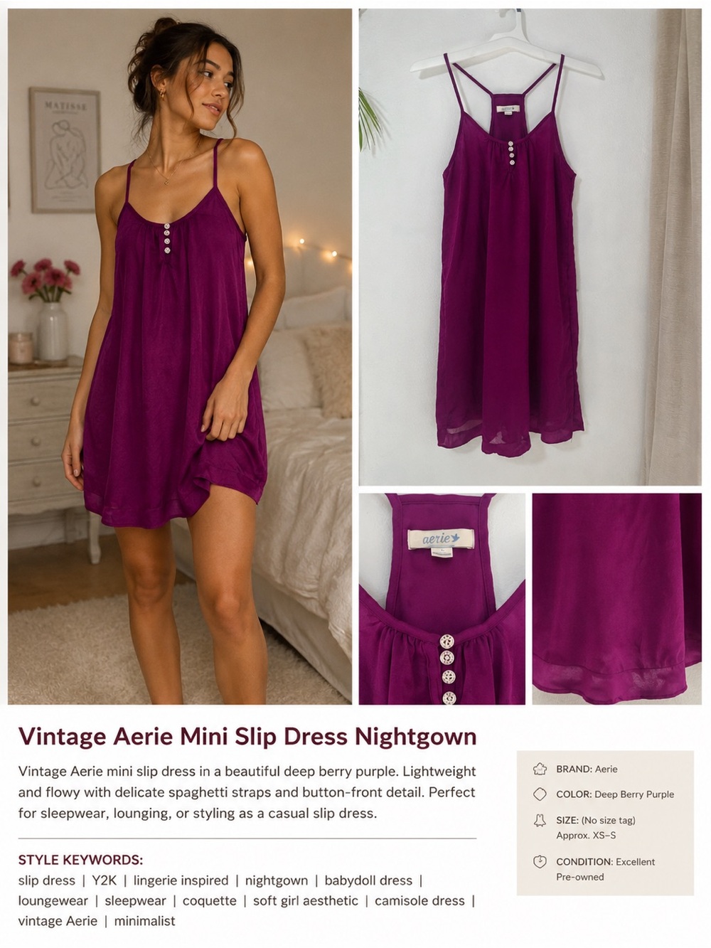 Vintage Aerie Slip Dress Nightgown Size S